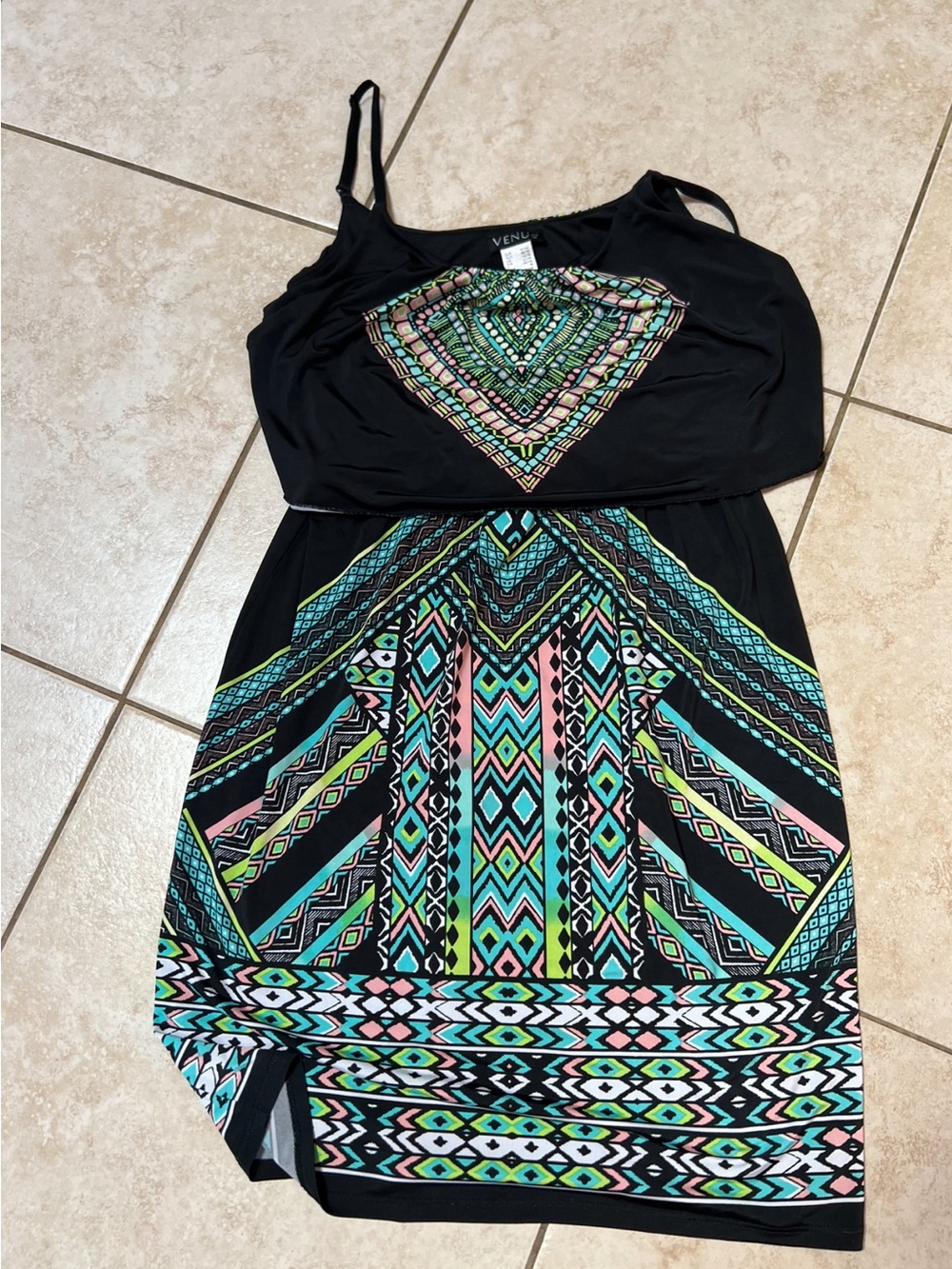 VENUS Black Sleeveless Mini Dress with Turquoise, Pink & Lime Geometric Print